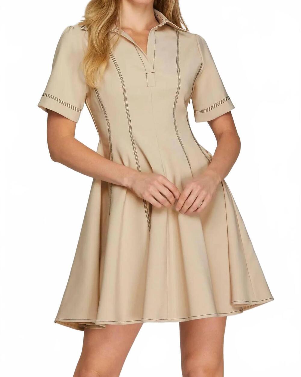 NEW SHE + SKY contrast stitched skater dress in taupe